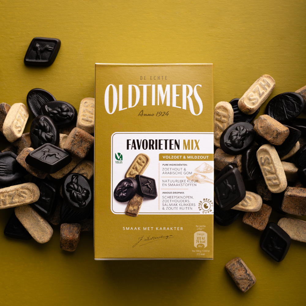 Favorieten Mix van Oldtimers met vier klassieke dropsoorten: scheepsknopen, salmiak klinkers, zoethouders en zoute ruiten.
