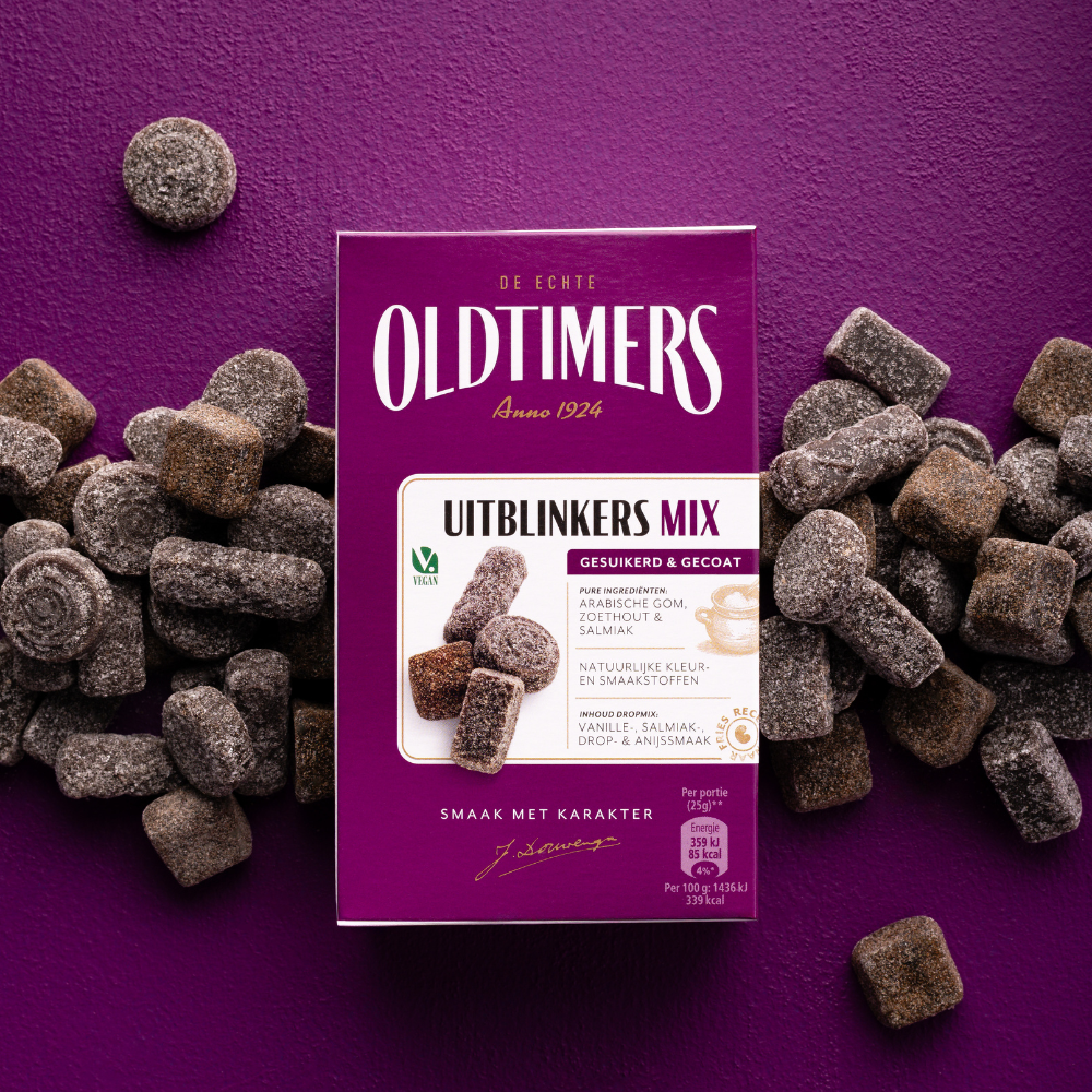 Mix van vier uitblinkende Oldtimers dropsoorten: gesuikerde drop, salmiak, anijs en vanille.